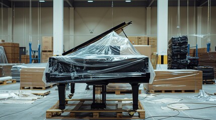 A Black Grand Piano Covered in Plastic Wrap in a Warehouse