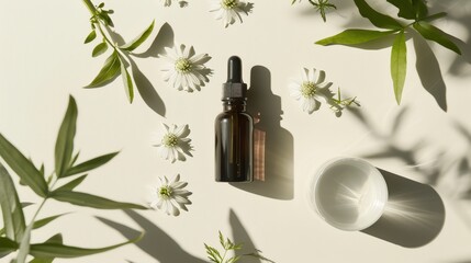 Natural Essential Oil Bottle with White Flowers and Greenery on White Background