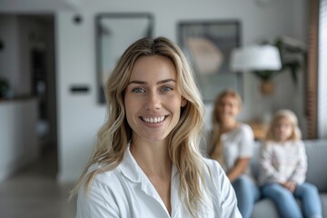 Fototapeta premium Beautiful positive female family therapist smiling against the background of the family on the sofa