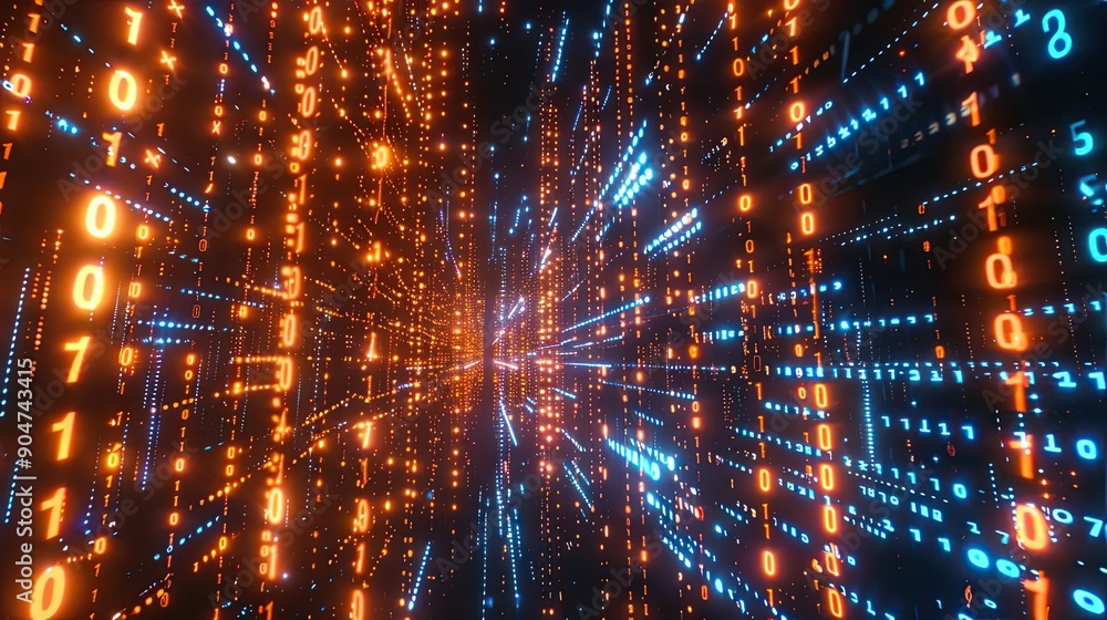 Poster abstract digital binary code pattern with orange and blue lights