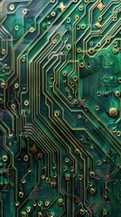 Abstract close-up of a green circuit board featuring intricate lines and gold connections, symbolizing technology and innovation.