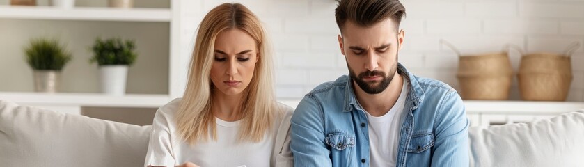 Heartbreaking Moment of Failed Pregnancy Test - Couple on Sofa Expressing Fertility Struggles and Emotional Pain
