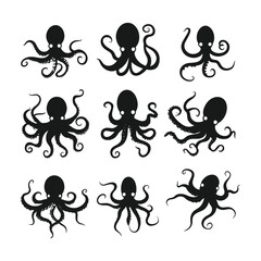 Silhouettes of octopus in different poses. Vector illustration.