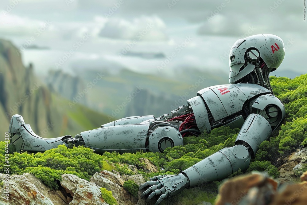 Poster robot reclining in a natural setting with a book, depicting ai's integration into human leisure acti