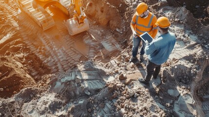 Aerial Drone Shot Of Construction Site With Excavators On Sunny Day: Diverse Team of Real Estate Developers Discussing Project. Civil Engineer, Architect, Inspector Talking, Generative AI