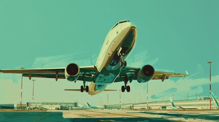 Commercial Airplane Taking Off at Sunny Airport