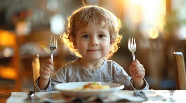 Boy sitting at the table with a fork and spoon - Powered by Adobe