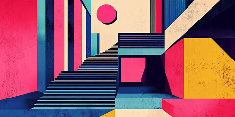 Abstract architectural illustration, colorful geometric patterns and stairs, generative AI