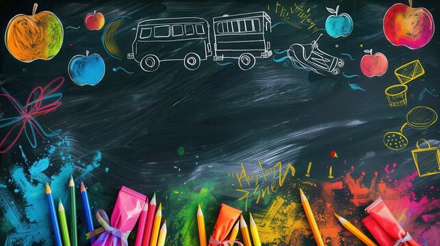 A vibrant chalkboard showcases drawings of classroom supplies, a bus, and apples, enhancing the creative learning atmosphere for students. Generative AI