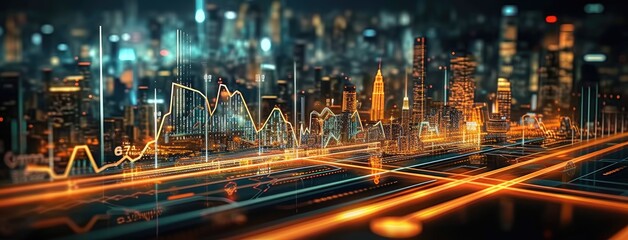 Fototapeta premium Futuristic City Skyline with Financial Data Analysis