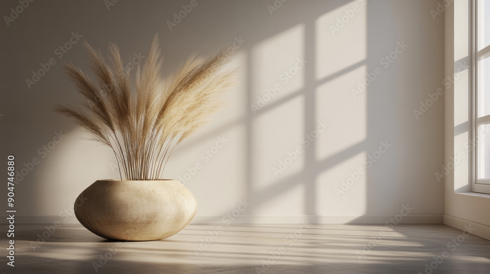 Poster a large vase with dried grass in it sits in a room with a window