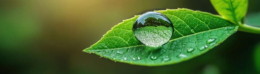 Close-Up of a Dew Drop on a Green Leaf with Reflections of Nature in the Background