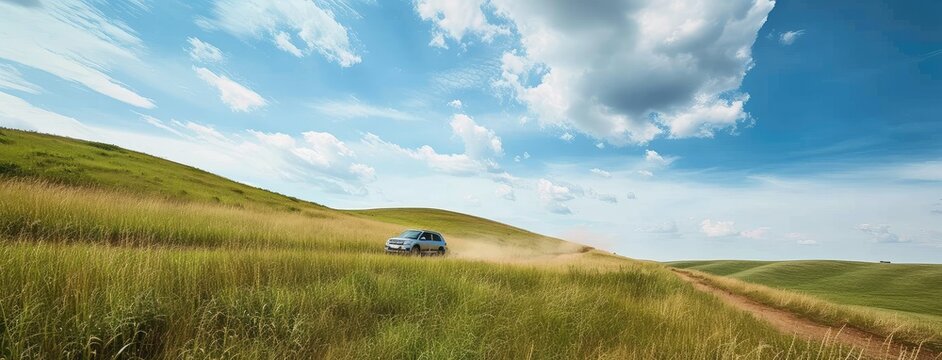 Blue Car Driving on Rural Countryside Road
