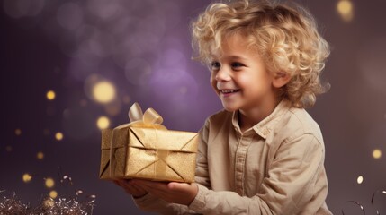 Young boy holding gold gift box