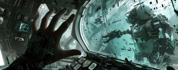 Astronaut Observing Space Station Through Window