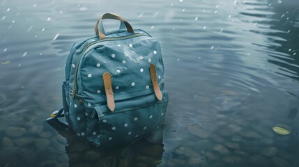 190. Waterproof Backpack, realistic style, muted tones, polka dots, aerial view, soft light, reflections,