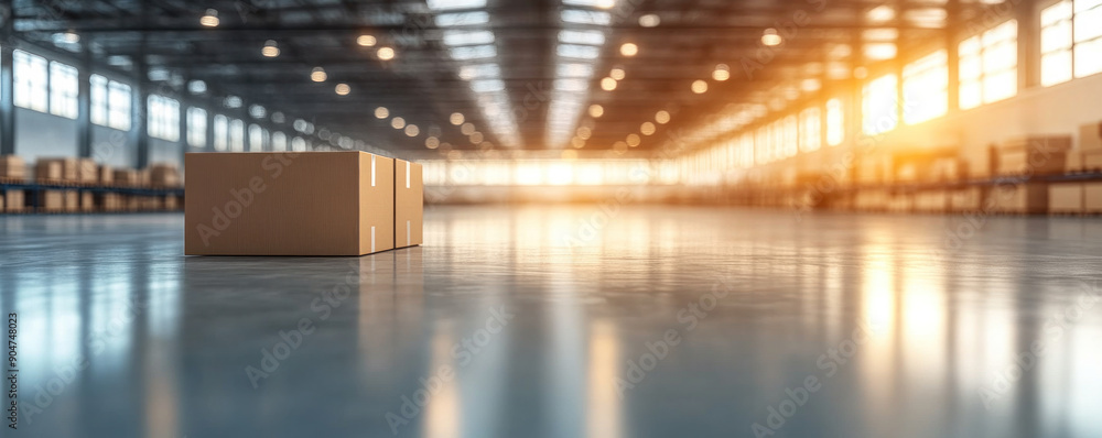 Poster a warehouse with boxes on the floor and a light shining on them. the boxes are stacked on top of eac