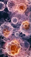 Obraz premium Microscopic view of vibrant cells showcasing intricate details, ideal for scientific or medical projects and publications.