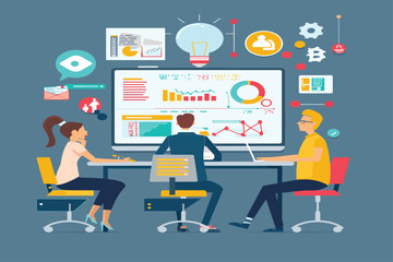 set business flat vector illustration design style concept. for graphic and web page banners. cartoon character design. team online video conference meeting. business planning. data analytics