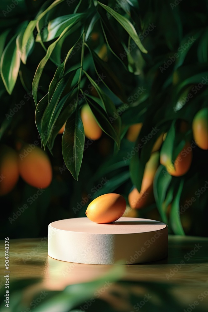 Poster a single mango resting on a white platform with a blurred background of mango tree leaves