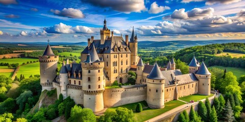Fototapeta premium Stunning Aerial View of an Ancient Castle Surrounded by Lush Green Foliage and Blue Skies