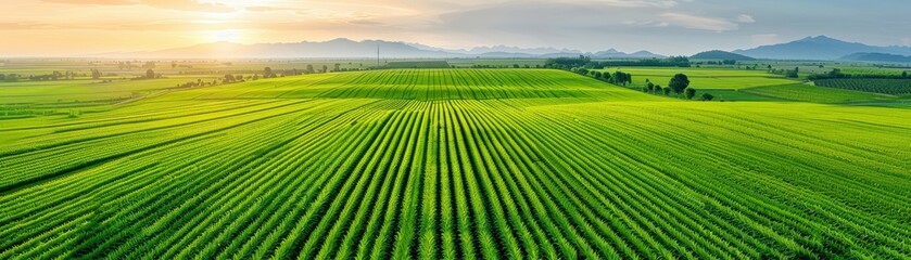 A large field of green grass with a sun in the background