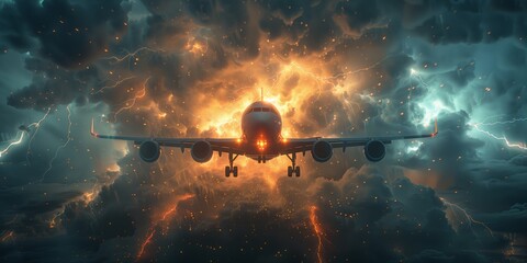 Naklejka premium Airplane flight in the stormy sky with clouds and lightning around it. Danger situation in the sky.