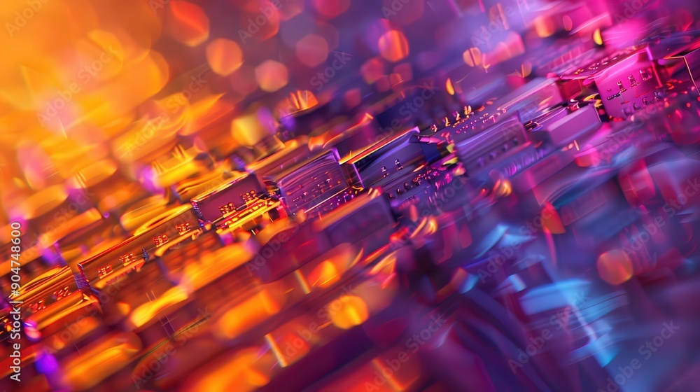 Poster vibrant abstract composition of colorful shapes and glows, creating a dynamic and futuristic atmosph