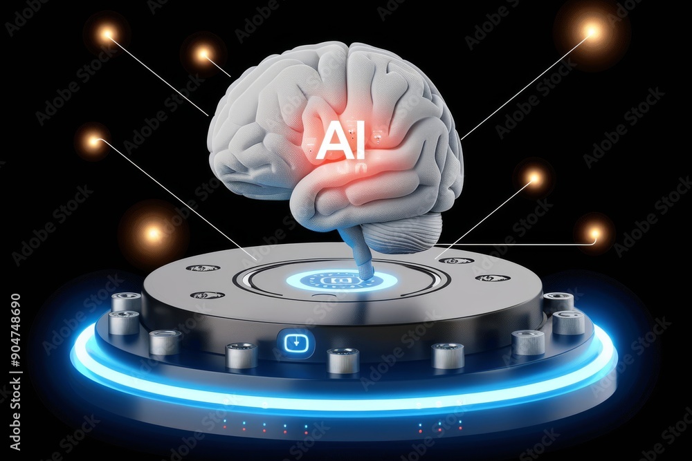 Aufkleber ai-enhanced brain on platform showcasing cognitive technology and intelligence augmentation.