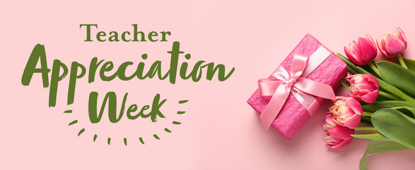 Gift box and beautiful tulip flowers on pink background. Hello spring