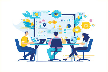 set business flat vector illustration design style concept. for graphic and web page banners. cartoon character design. team online video conference meeting. business planning. data analytics