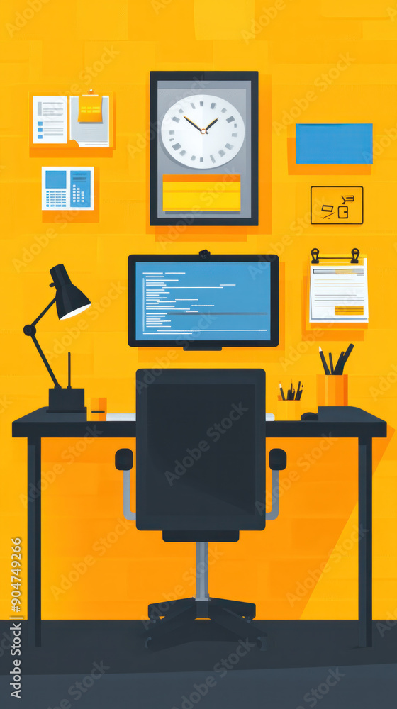 Poster a computer desk with a black chair and a computer monitor. a clock is on the wall above the desk