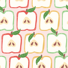 Colorful seamless pattern with hand drawn square apple. Trendy summer textile design. Creative fruity ornament for fabric wrapping paper stationary and other endless fill. Modern and fresh aesthetic.