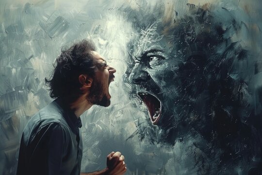 Man Yelling at Mirror Reflection Artistically Depicted in Abstract Painting