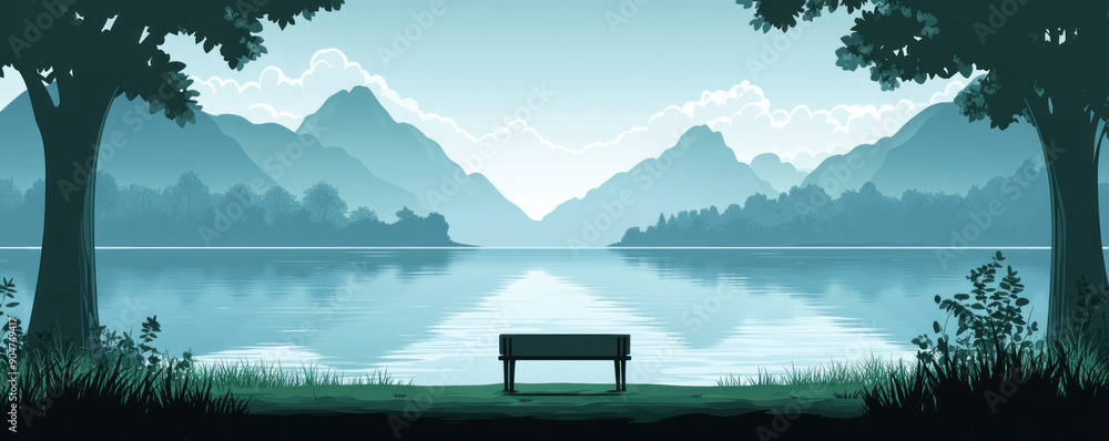 Poster a serene and peaceful scene of a lake with a bench overlooking it. the mountains in the background a