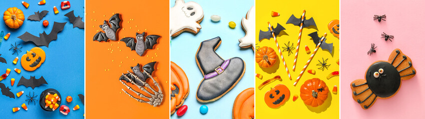 Collage with different Halloween cookies, top view