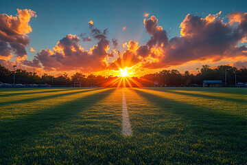 A football field with the sun setting behind the clouds.