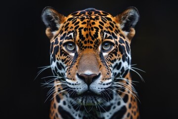 Obraz premium Detailed close-up of a leopards face against a black backdrop, showcasing its distinctive markings and intense gaze.