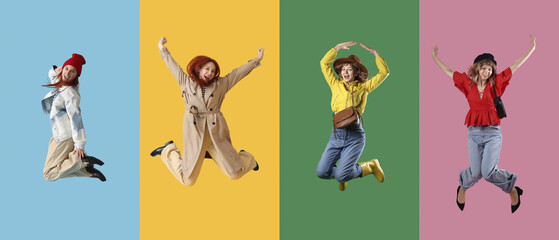 Set of jumping women in fashionable autumn clothes on color background