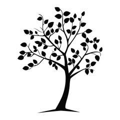 Black silhouette of a tree with leaves on white background.