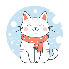 Cute Adorable White Cat Cartoon Character Wearing Scarf in Winter with Smiling Expression