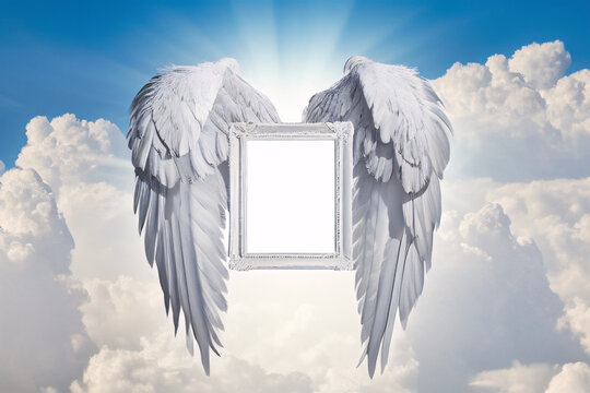 Memorial Angel Wings Photo Mockup: Elegant Funeral Template for Mourning with Heavenly Frame and Clouds for Tribute and Condolences