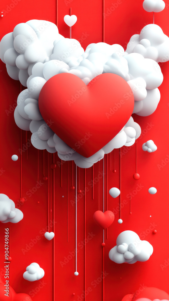 Poster a red and white heart with clouds falling from it. the heart is surrounded by many other hearts, cre