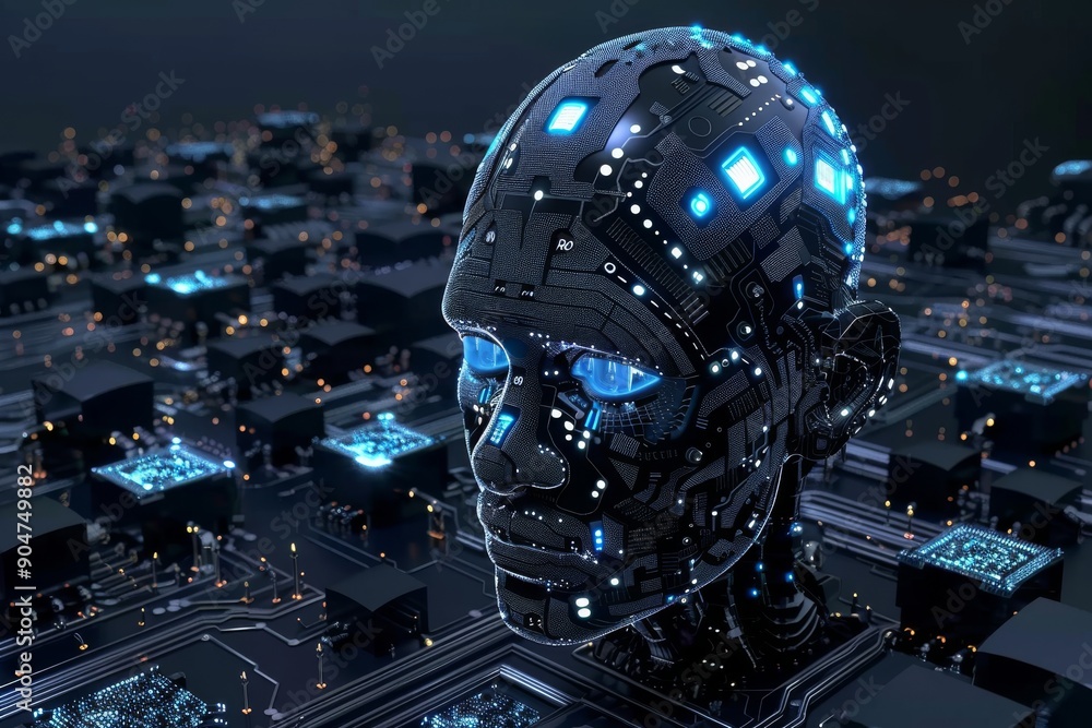 Aufkleber cybernetic head with illuminated brain circuits reveals the intricate workings of ai thought process