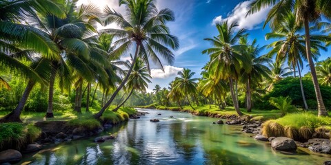 Obraz premium Tropical River Through Palm Tree Grove, Lush Green Paradise, Exotic Island Landscape