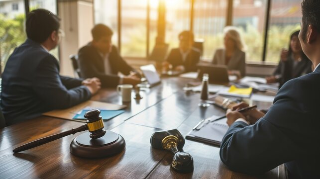 Corporate Lawyers Discussing Strategy in Sunlit Office
