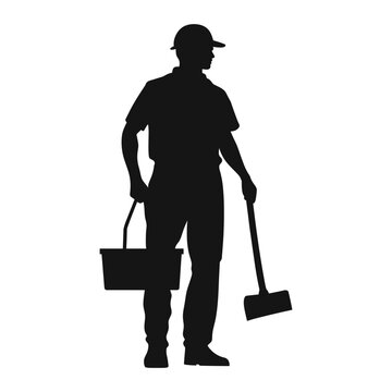 recommend clip art: Silhouette of a man in work clothes holding a mop and bucket.