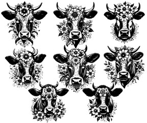 Set of Cow Head with Flowers Silhouette Collections