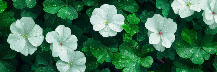 Close up of white geranium flowers and green leaves, generative AI