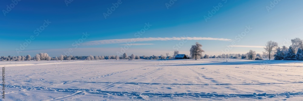 Poster Snow-Covered Landscape with Lonely House at Sunrise